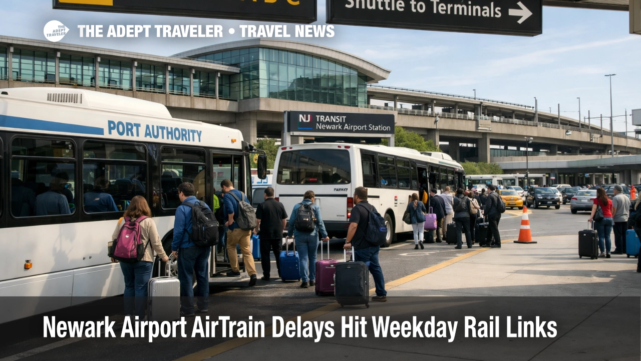 Newark Airport AirTrain disruption shows shuttle buses replacing weekday rail to terminal transfers at EWR
