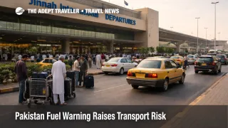 Pakistan fuel shortage travel risk shown by slower airport drop off traffic outside Karachi airport departures