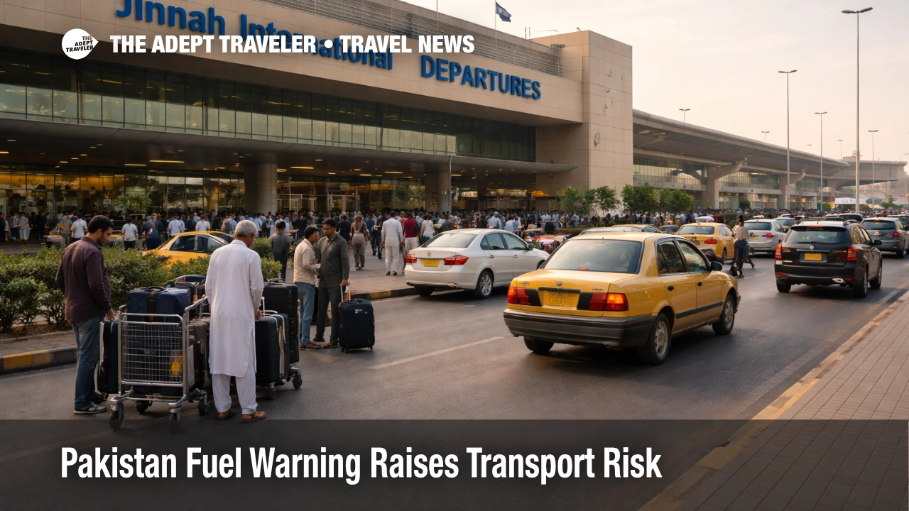 Pakistan fuel shortage travel risk shown by slower airport drop off traffic outside Karachi airport departures