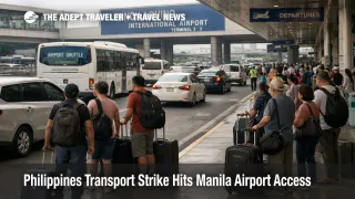 Manila airport access disruption at Ninoy Aquino curbside as travelers queue and traffic slows during the Philippines transport strike