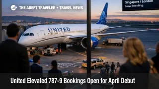 United Elevated 787-9 launch scene at San Francisco, showing premium long haul boarding for Singapore and London routes