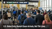 Global Entry restart and TSA line strain shown in a U.S. airport checkpoint scene with travelers waiting near screening lanes