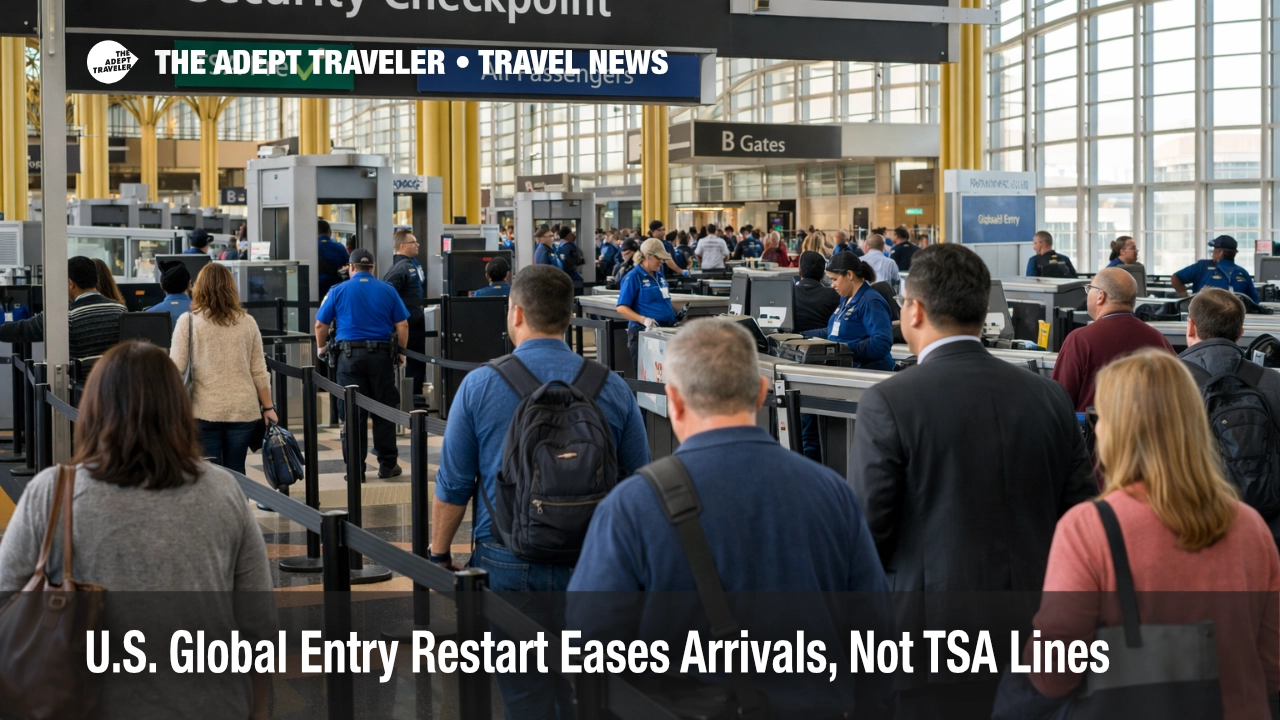 Global Entry restart and TSA line strain shown in a U.S. airport checkpoint scene with travelers waiting near screening lanes