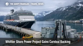 Whittier shore power project at the Alaska cruise terminal with a docked ship and visible electrical infrastructure