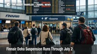 Finnair Doha suspension shown on Helsinki Airport departure boards as travelers wait in the international terminal
