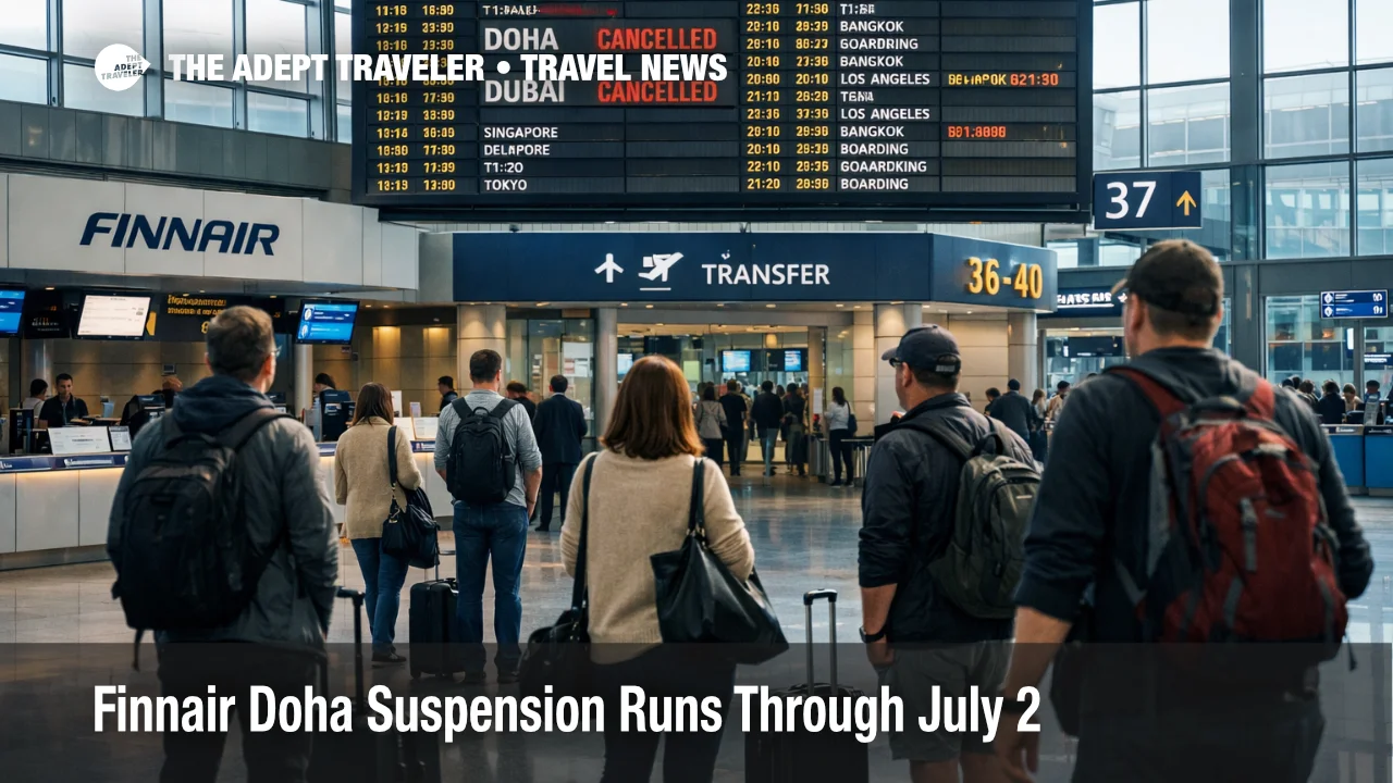 Finnair Doha suspension shown on Helsinki Airport departure boards as travelers wait in the international terminal