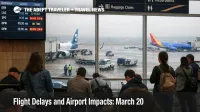 March 20 flight delays at San Diego airport show waiting travelers, gate screens, and low visibility outside the terminal