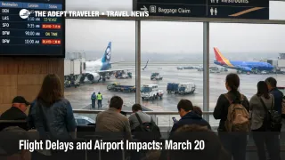 March 20 flight delays at San Diego airport show waiting travelers, gate screens, and low visibility outside the terminal