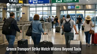 Athens airport transfer disruption during the Greece transport strike watch, with travelers bypassing an empty taxi queue