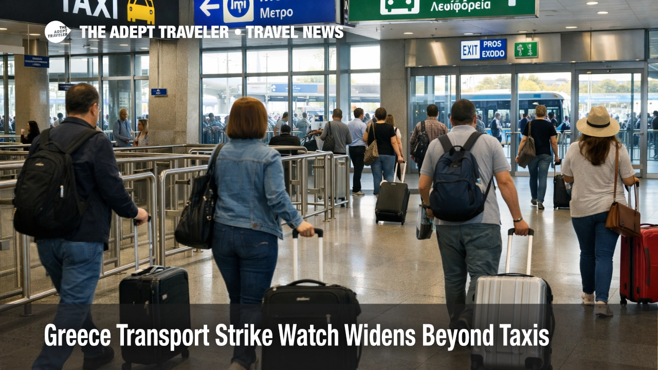 Athens airport transfer disruption during the Greece transport strike watch, with travelers bypassing an empty taxi queue