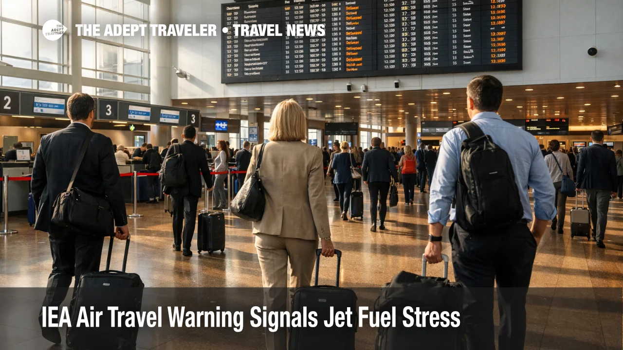 Business travelers queue at Brussels Airport as the IEA air travel warning signals deeper jet fuel stress