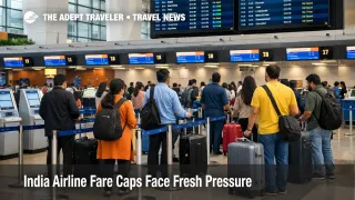 India airline fare caps story at Delhi airport check in counters as travelers face higher booking pressure