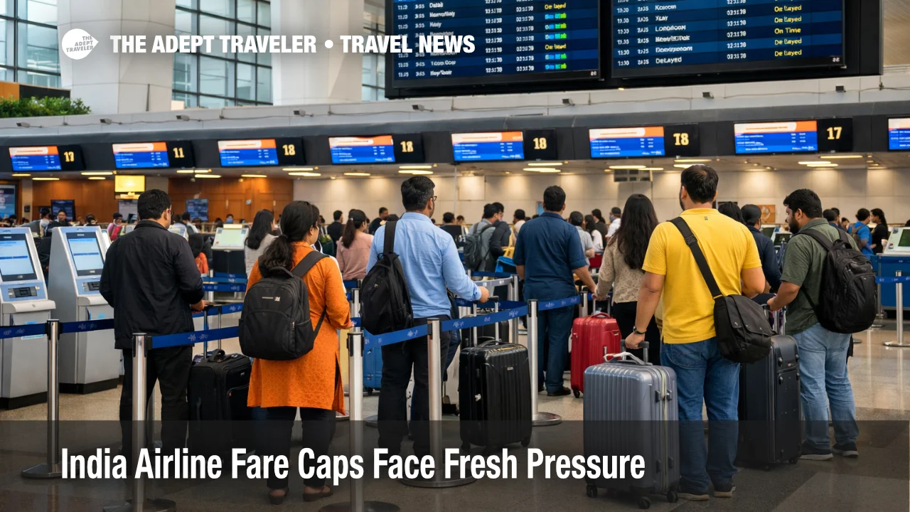 India airline fare caps story at Delhi airport check in counters as travelers face higher booking pressure