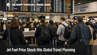 Travelers queue beneath departures screens at Frankfurt Airport during the jet fuel price shock and rising global airfare pressure