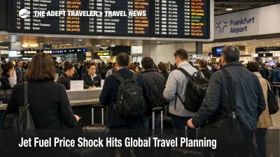 Travelers queue beneath departures screens at Frankfurt Airport during the jet fuel price shock and rising global airfare pressure