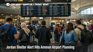Jordan shelter alert scene at Queen Alia Airport shows travelers waiting under departure boards in Amman
