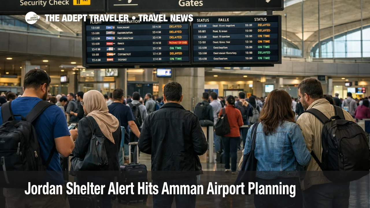 Jordan shelter alert scene at Queen Alia Airport shows travelers waiting under departure boards in Amman