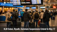 KLM Gulf suspensions shown on Schiphol departure boards as travelers queue for Dubai and Saudi Arabia rebooking