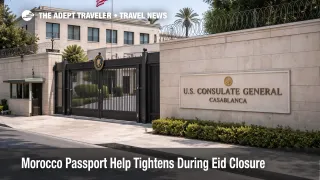 Closed U.S. consulate entrance in Casablanca during Morocco passport replacement disruption over Eid holiday