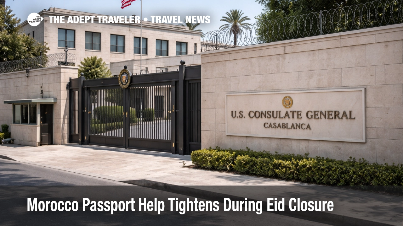 Closed U.S. consulate entrance in Casablanca during Morocco passport replacement disruption over Eid holiday