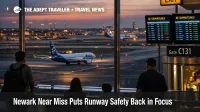 Newark near miss scene at EWR shows busy runway traffic and waiting passengers during a heightened airport safety moment