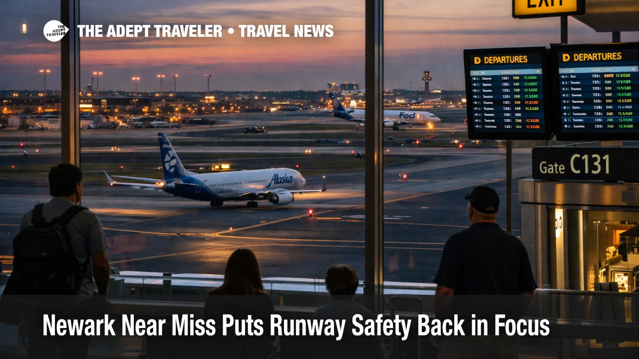 Newark near miss scene at EWR shows busy runway traffic and waiting passengers during a heightened airport safety moment