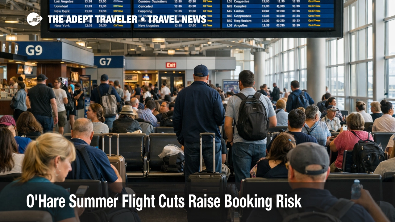 Crowded Chicago O'Hare gate area shows O'Hare summer flight cuts risk as travelers face tighter summer schedules