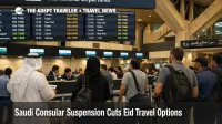 Saudi consular suspension at Riyadh airport shows travelers waiting near departure screens during Eid disruption
