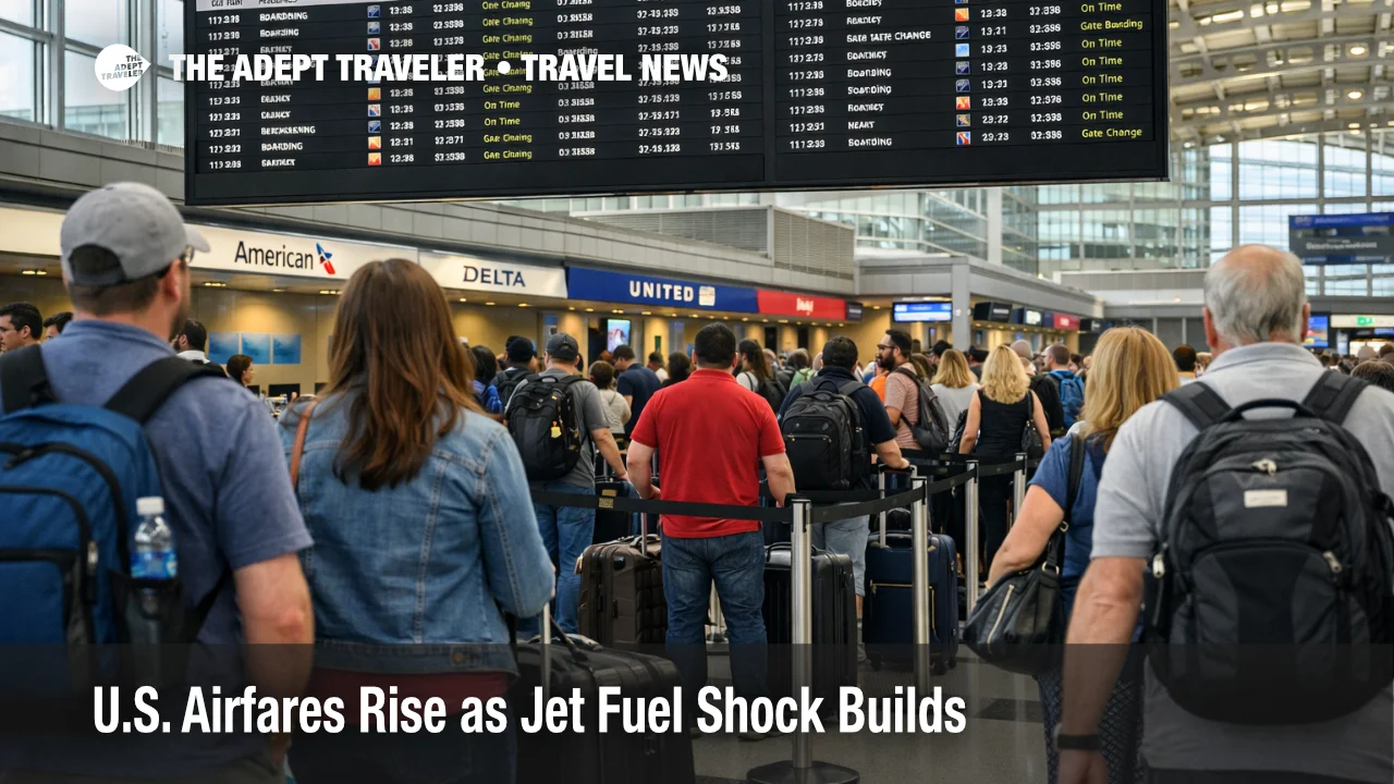 Travelers queue at Chicago O'Hare as U.S. airfare hike risk rises with higher jet fuel prices before summer bookings