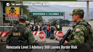 Venezuela travel advisory scene at a Caracas area airport as travelers review documents amid ongoing border risk and thin consular support