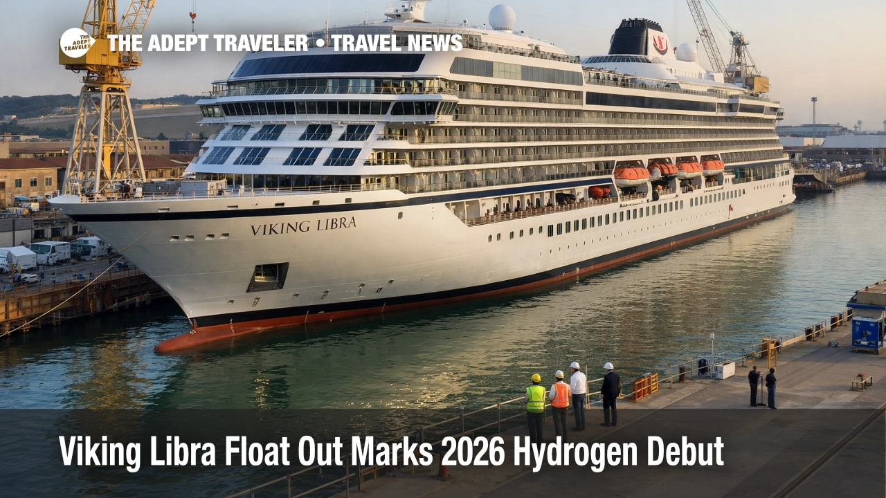 Viking Libra hydrogen cruise ship at Ancona shipyard after float out, showing the vessel nearing its 2026 debut