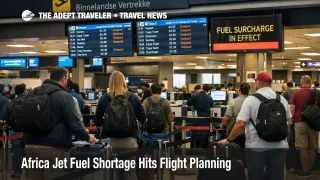 Passengers queue at O.R. Tambo as Africa jet fuel shortage risk raises fares and threatens tighter regional flight options