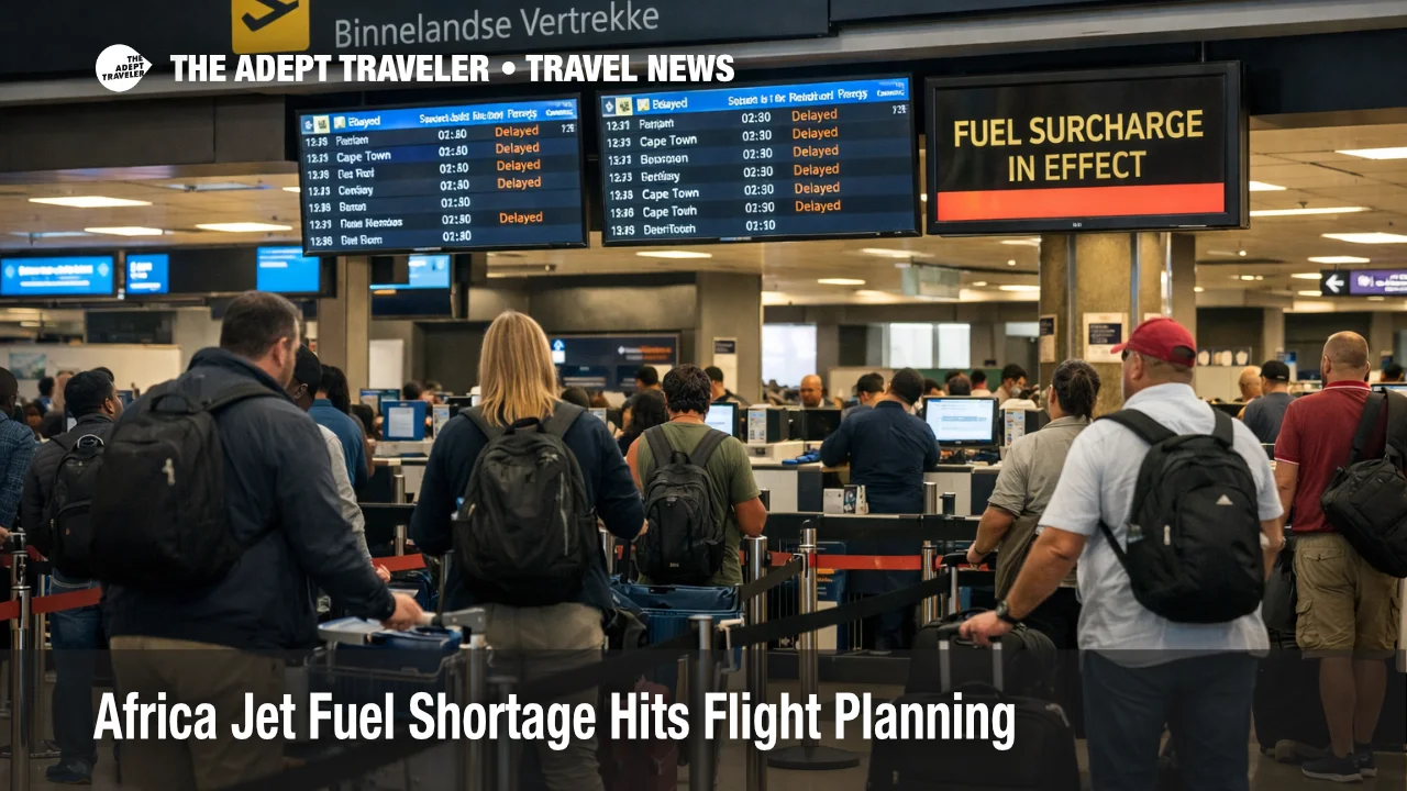 Passengers queue at O.R. Tambo as Africa jet fuel shortage risk raises fares and threatens tighter regional flight options