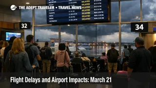 March 21 flight delays at Atlanta show waiting passengers, delayed departures, and storm clouds beyond the concourse windows