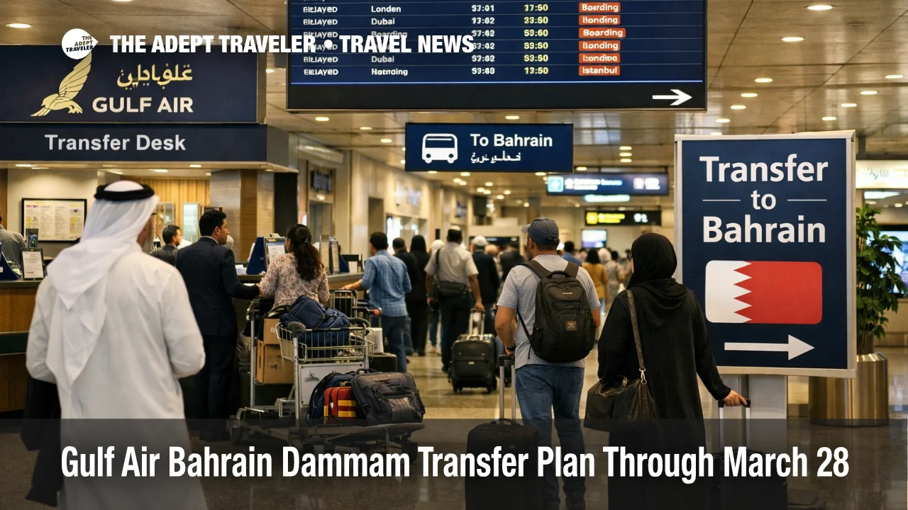 Gulf Air Bahrain Dammam transfer plan shown at Dammam airport with waiting passengers and onward Bahrain ground transfer cues