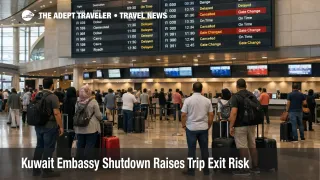 Kuwait embassy shutdown risk at Kuwait International Airport as travelers wait under departure boards amid flight disruption