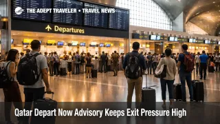 Travelers wait under departure boards at Hamad airport during the Qatar depart now advisory and limited Doha flights
