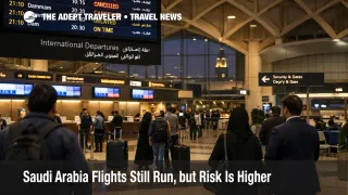 Saudi Arabia flight risk shown at Riyadh airport as travelers wait beneath departure boards with delays and cancellations