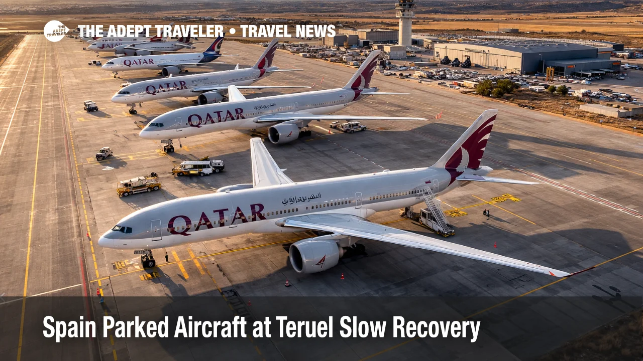 Teruel aircraft parking in Spain shows widebody jets in storage as Middle East disruption slows airline recovery