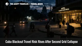 Cuba blackout travel risk in Havana as dark streets and backup powered hotel frontage show unstable trip conditions