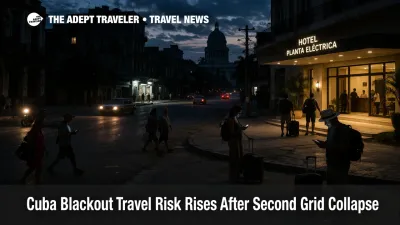 Cuba blackout travel risk in Havana as dark streets and backup powered hotel frontage show unstable trip conditions