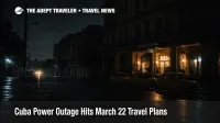 Cuba power outage travel risk shown by a dark Havana street with limited generator lighting and disrupted transport services