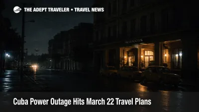 Cuba power outage travel risk shown by a dark Havana street with limited generator lighting and disrupted transport services