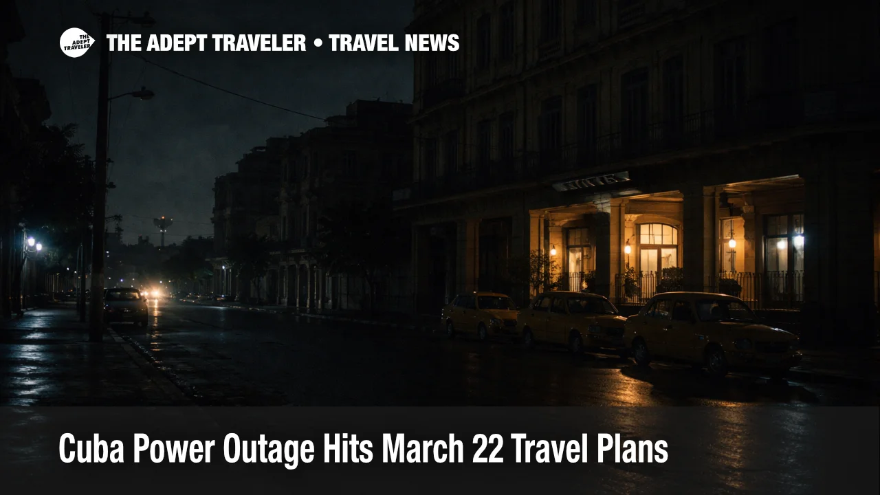Cuba power outage travel risk shown by a dark Havana street with limited generator lighting and disrupted transport services