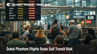 Dubai phantom flight risk shown by delayed long haul departures and waiting travelers inside Dubai International Airport