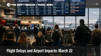 March 22 flight delays at JFK show waiting travelers and departure boards as evening Northeast airport pressure builds
