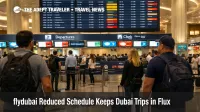 flydubai reduced schedule scene at Dubai International Airport with travelers waiting under departure boards during partial recovery