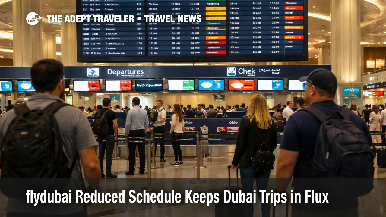 flydubai reduced schedule scene at Dubai International Airport with travelers waiting under departure boards during partial recovery