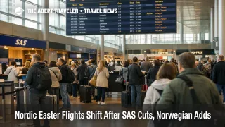 Nordic Easter flights shift at Copenhagen Airport as travelers queue beneath departure boards during airline schedule changes