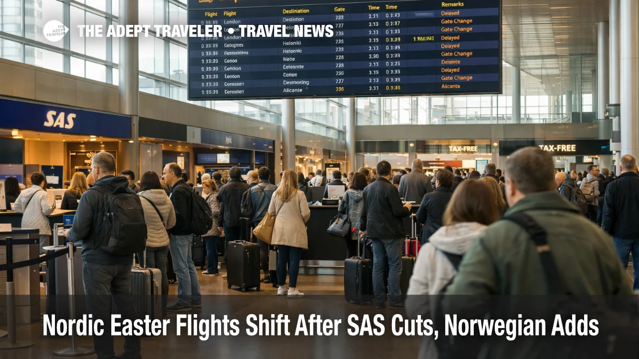 Nordic Easter flights shift at Copenhagen Airport as travelers queue beneath departure boards during airline schedule changes